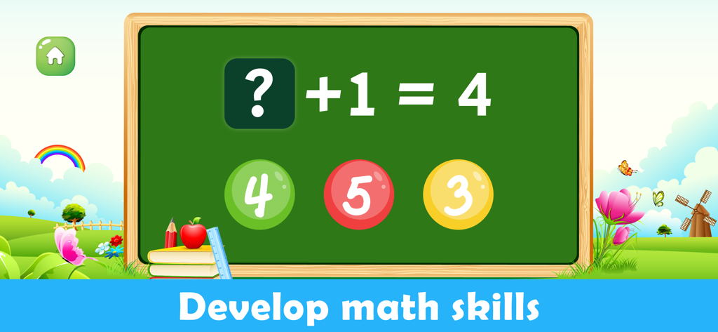 Preschool math learning screen with addition puzzle on a chalkboard for kids