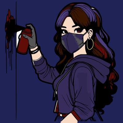 realistic girl with mask spray painting a wall