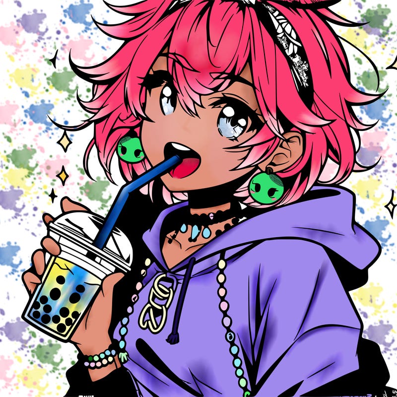 hot baddie anime girl drinking boba and biting the straw