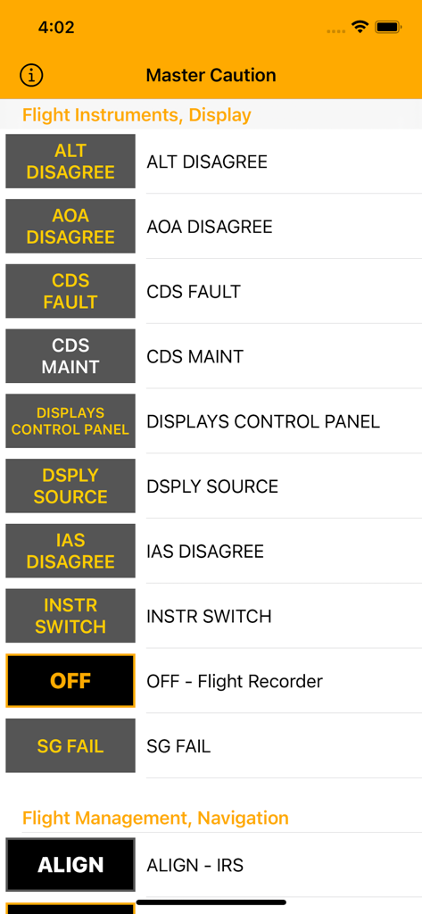 737 Master Caution - List of Boeing 737 flight instrument warning lights in the Master Caution app