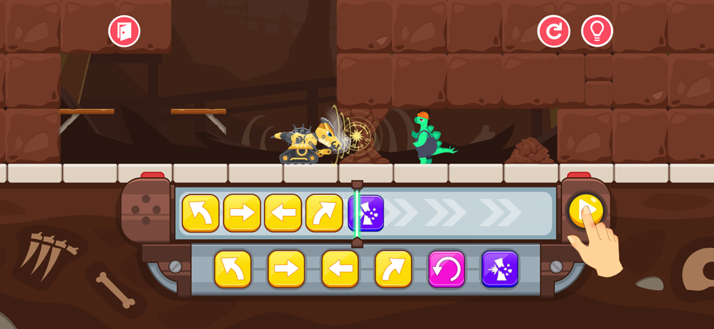 Dinosaur Coding: Kids Games - Gameplay of Dinosaur Coding for kids featuring a mechanical dinosaur truck and visual programming blocks