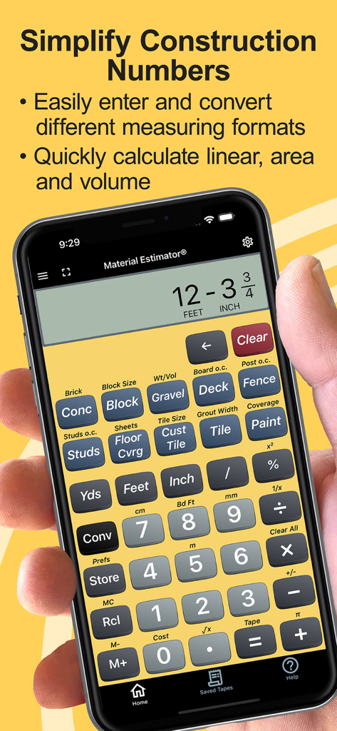 Interface de um aplicativo de calculadora de construção mostrando botões especializados para estimar materiais como concreto, madeira e tinta