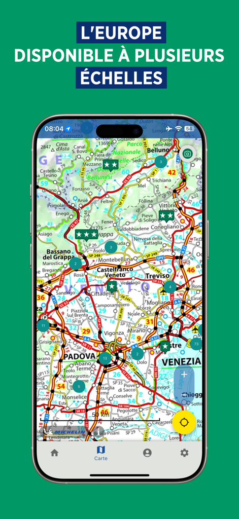 Michelin Maps Europe - Interfaz de la aplicación Michelin Maps Europe mostrando un mapa detallado de carreteras de Italia con puntos de interés turísticos con estrellas.
