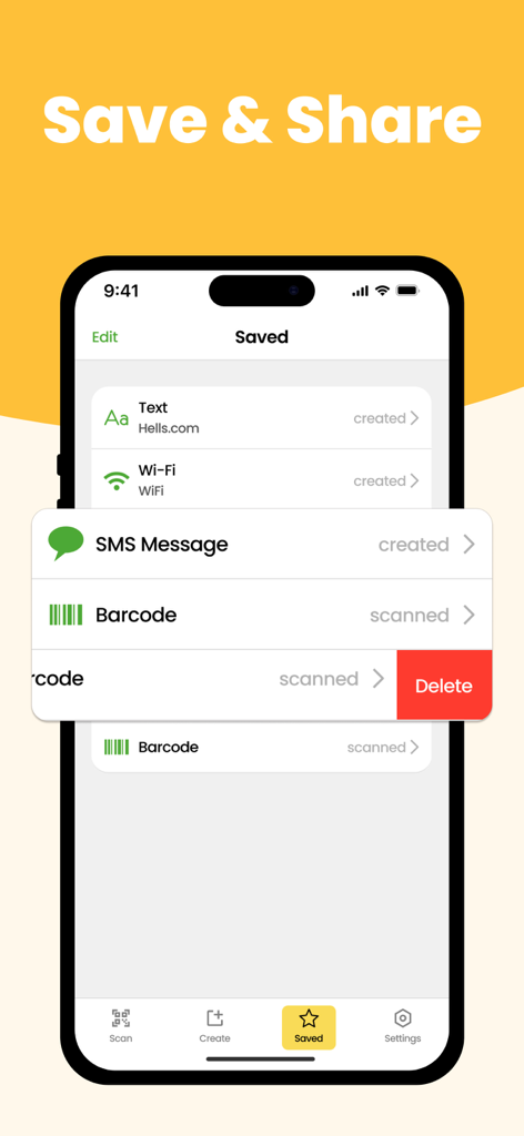 QR & Barcode Scanner Max - Interface of the QR and Barcode Scanner Max app showing a history list of saved and created codes including text wifi and sms