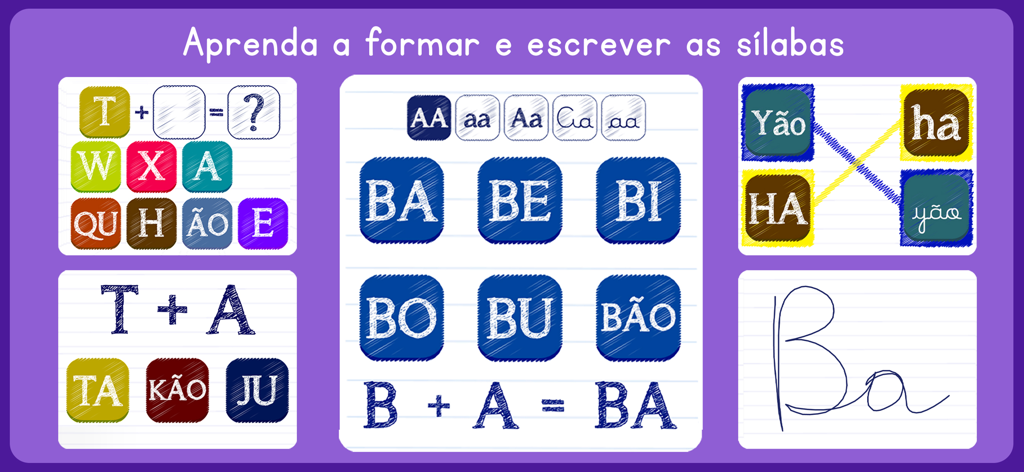 Silabando - Captura de pantalla educativa de la aplicación Silabando que muestra varias actividades de formación y escritura de sílabas para niños.