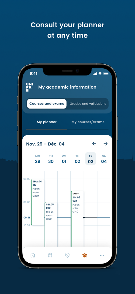 Visão do planejador acadêmico e horário do aluno no aplicativo UNIFR Mobile.