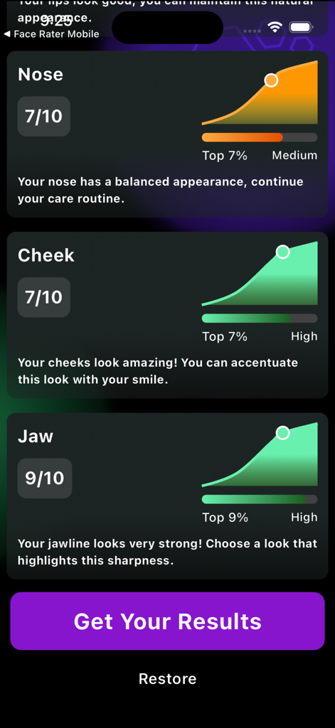 Attractiveness Test App - Interface d'application mobile montrant les scores d'analyse faciale par IA pour le nez, les joues et la mâchoire avec des commentaires détaillés et des graphiques