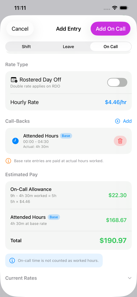 MyRoster - A mobile interface of the MyRoster app showing details for an on-call entry including hourly rates attended hours and estimated pay calculation for healthcare workers.