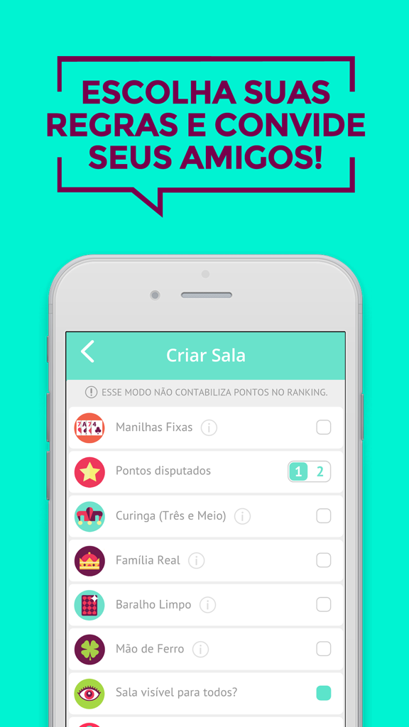 Interface for creating a custom Truco game room with selectable rule options