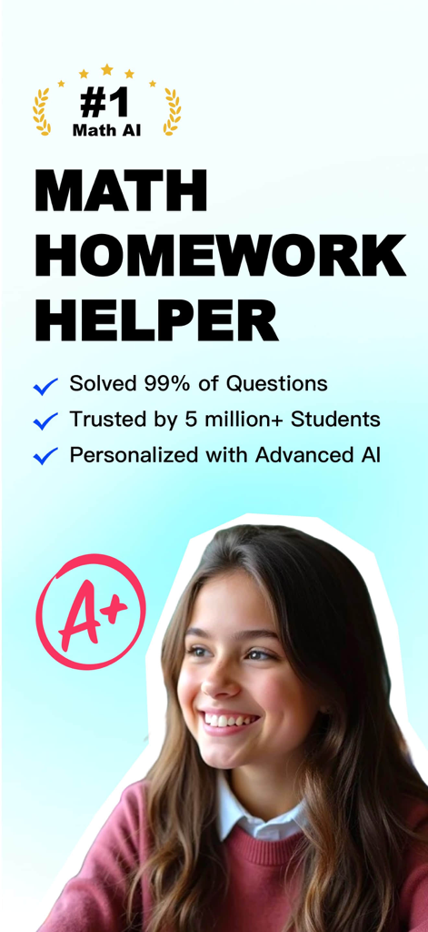 Quiz AI - AI Study Companion - Promotional screen for Quiz AI app highlighting math homework help with a smiling student and A plus grade