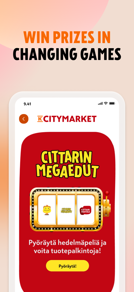 K-Ruoka-App-Benutzeroberfläche mit einem digitalen Spielautomaten zum Gewinnen von Produktpreisen