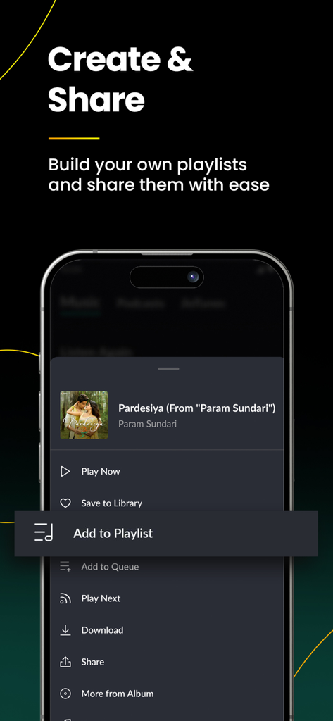 JioSaavnアプリの画面。プレイリストに曲を追加したり、音楽を共有したりするオプションが表示されています