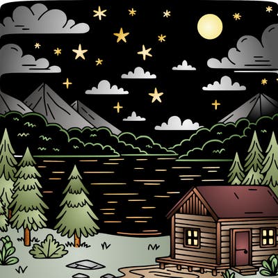 night sky over a lake with a cabin