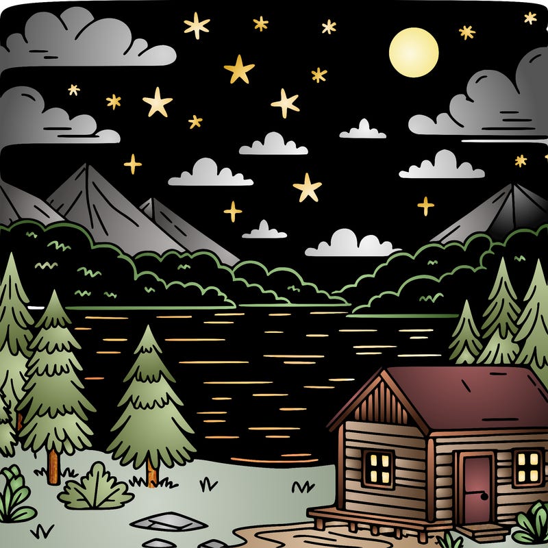 night sky over a lake with a cabin