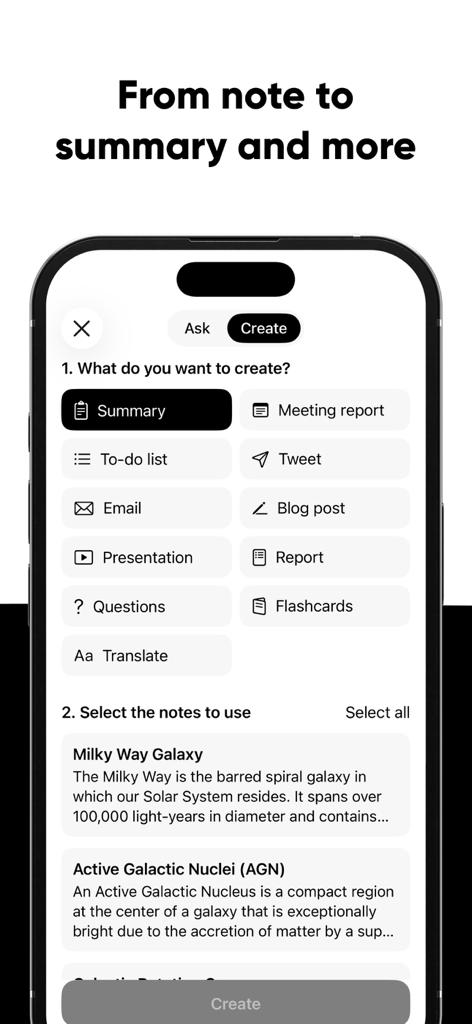 Brain Dump: Notes & Writing - Brain Dump app interface for converting notes into summaries and other content formats using AI.