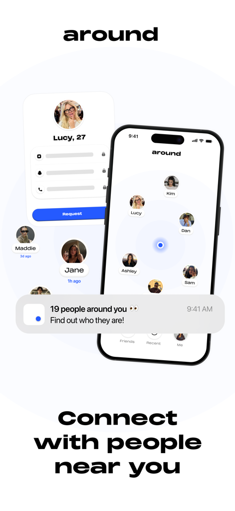 around — find who’s close - iPhone screen showing the around app radar interface with nearby user profiles and a request to connect button