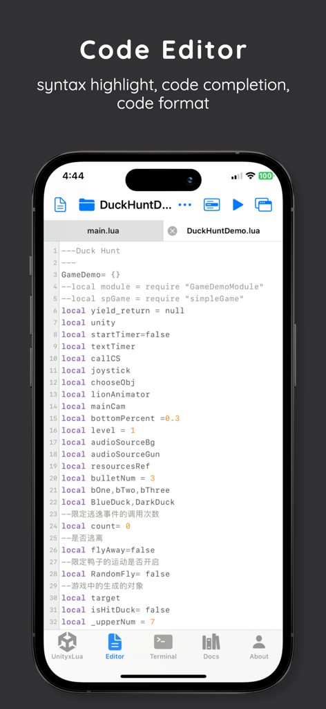 Mobile code editor interface with Lua syntax highlighting and file management for game development