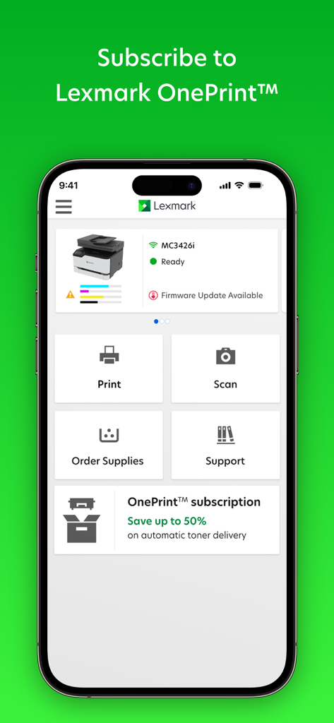 Lexmark - Painel do aplicativo móvel Lexmark com status da impressora e opções para impressão, digitalização e assinatura de toner.