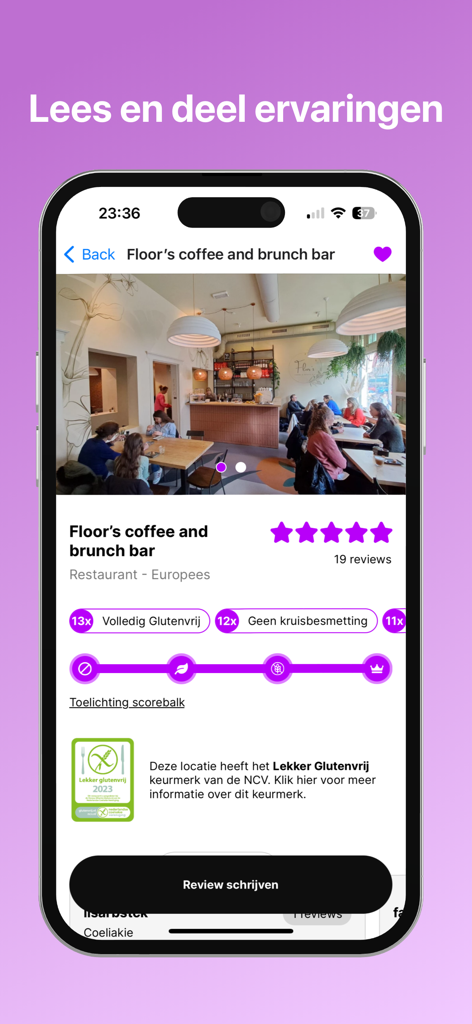 Glutenvrije Horeca - Gluten free restaurant profile showing ratings and cross contamination safety info