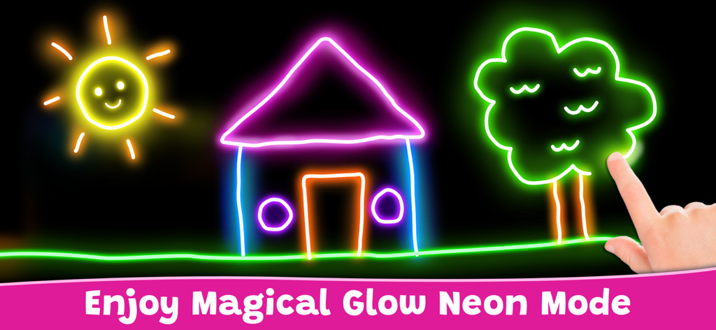 Criança usando o modo neon brilhante para desenhar um sol, casa e árvore em um tablet digital.
