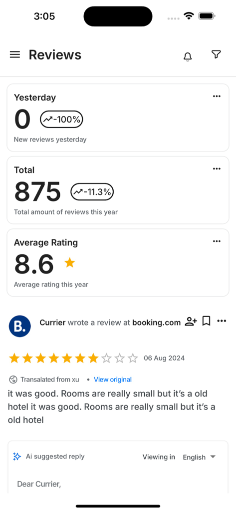 InnSpire.One - Painel de gerenciamento de avaliações de hotéis do aplicativo InnSpire One mostrando classificações de hóspedes e sugestões de resposta da IA
