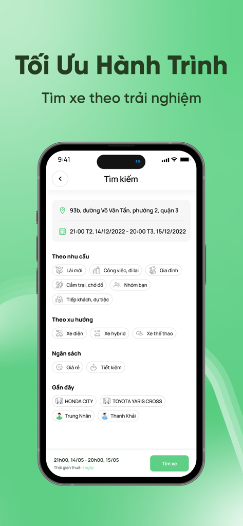 MIOTO - Thuê xe tự lái - Schermata di ricerca dell'app MIOTO per il noleggio auto che mostra vari filtri e categorie di veicoli.