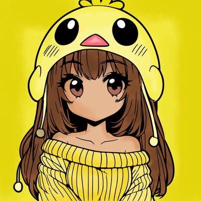 anime girl with chick shaped hat with sweater with bare shoulders with bangs covering them one eye with low tail