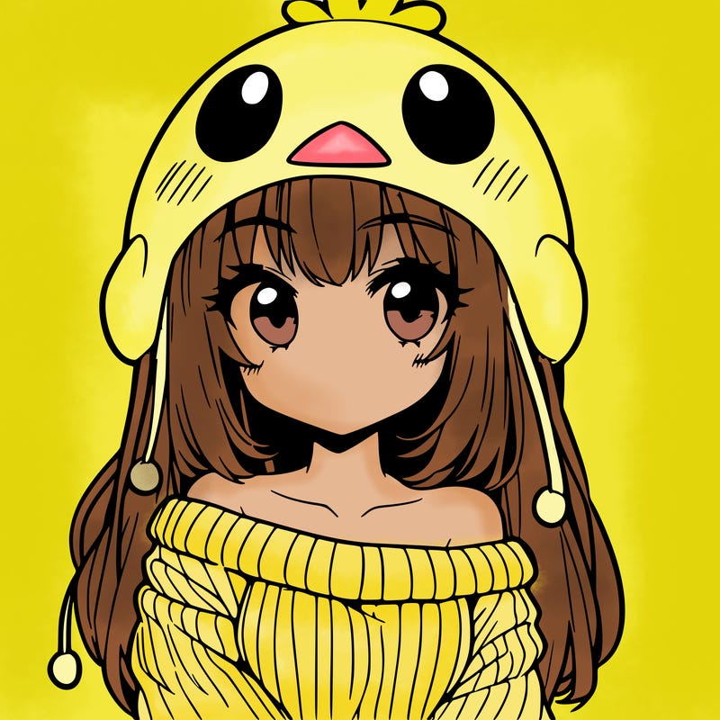 anime girl with chick shaped hat with sweater with bare shoulders with bangs covering them one eye with low tail