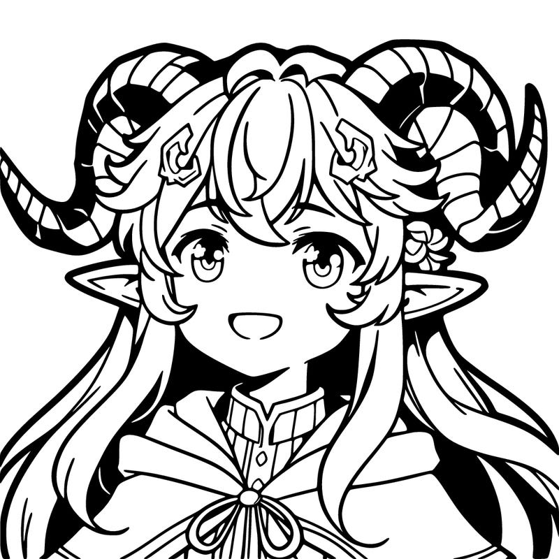 anime girl with ram horns and elf ears