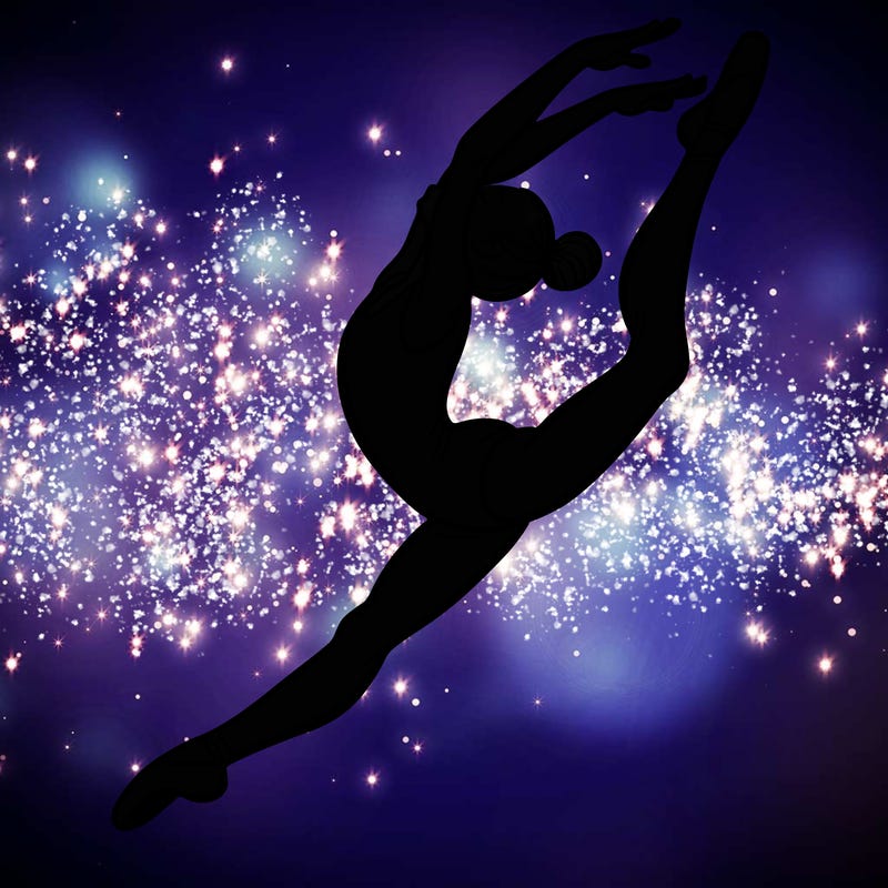 gymnast doing a leap in a leotard with a bent back leg