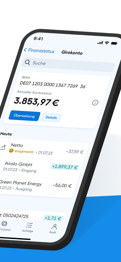 Screenshot of the DKB mobile app showing a Girokonto balance and recent transaction history