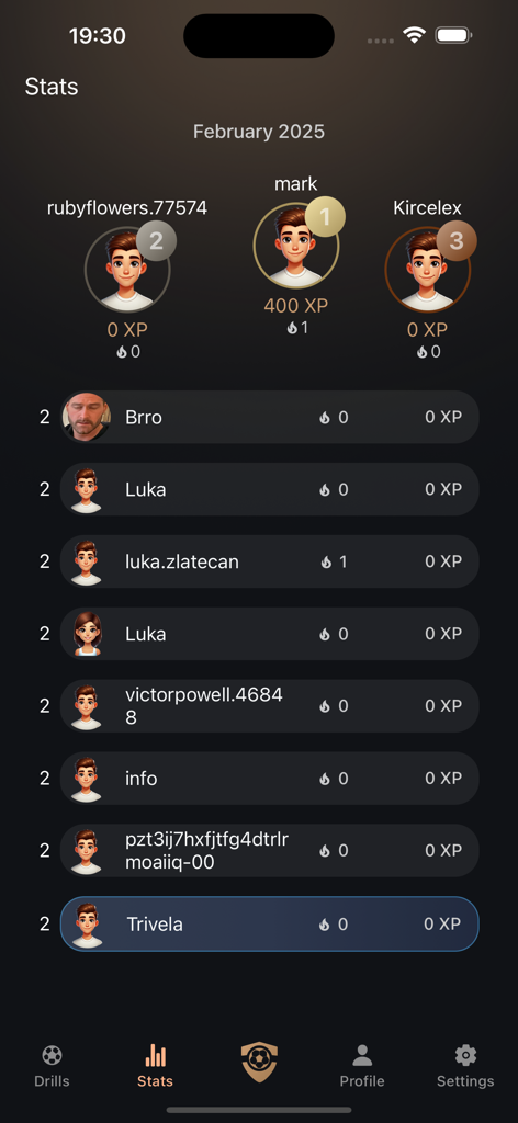 TRIVELA AI - Football Training - TRIVELA AI football training app leaderboard showing player rankings and XP scores