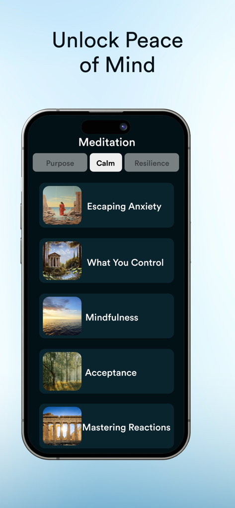 Daily Stoic Philosophy: Stoa - Smartphone screen showing the Stoa app meditation menu with guided sessions for calm and mindfulness