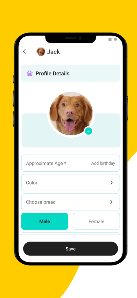 11pets: Pet Care - 11pets app screen showing the profile details setup for a dog named Jack