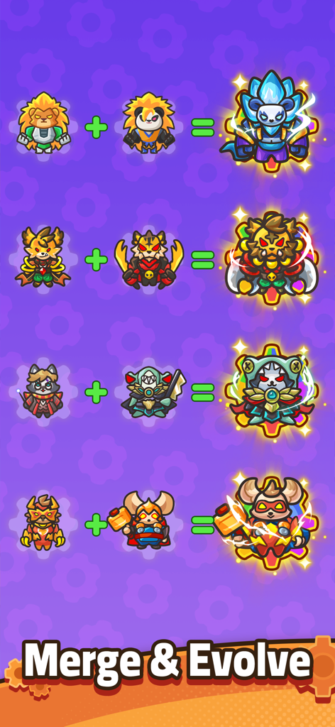Screenshot of GearPaw Defenders showing different animal heroes merging and evolving into more powerful versions