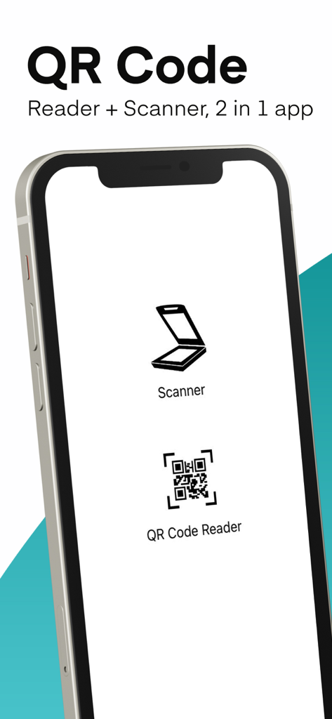 An iPhone displaying the main menu of a 2 in 1 QR code reader and document scanner app