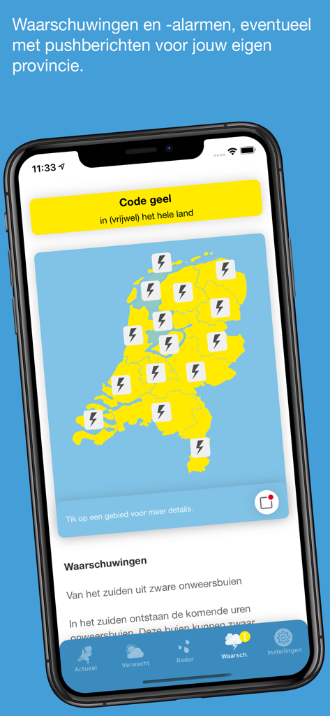 Screenshot of the Weerbericht Nederland app showing a map of the Netherlands with yellow weather warnings and lightning icons