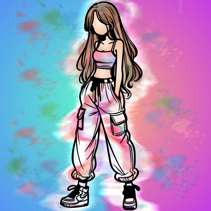 girl in baggy pants crop top and long hair