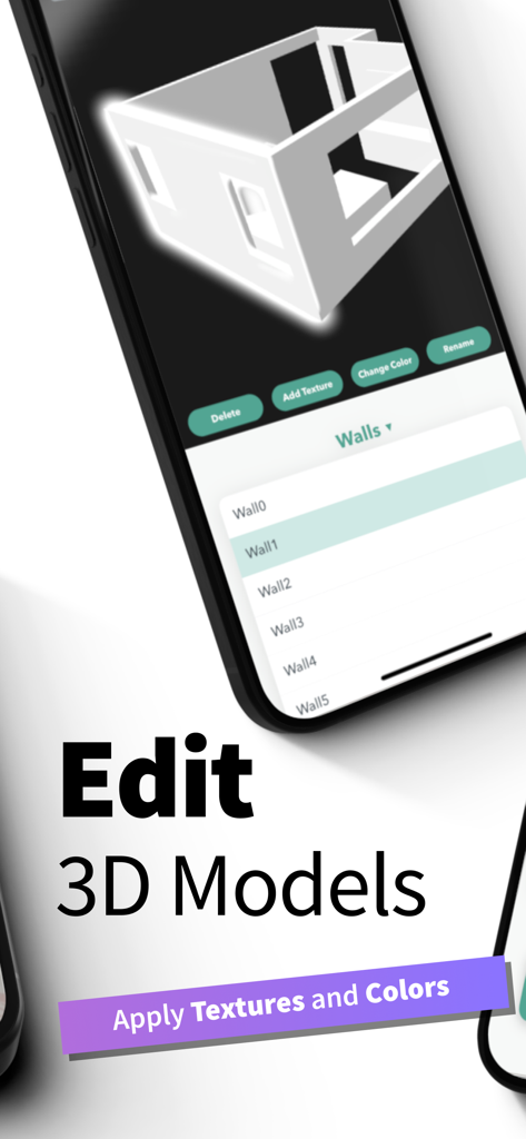 RoomPlan - Interior 3D Scanner - Smartphone screen showing the editing interface of a 3D room model with options to apply textures and colors