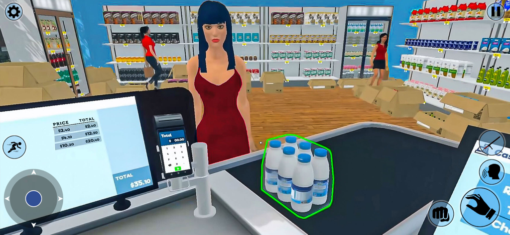 Fun Supermarket Simulator Game - Vista en primera persona de un jugador escaneando abarrotes en un mostrador de caja de supermercado