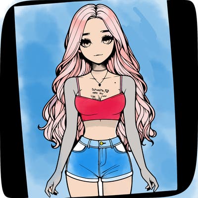 a realistic girl with long hair and in a crop top and shprts