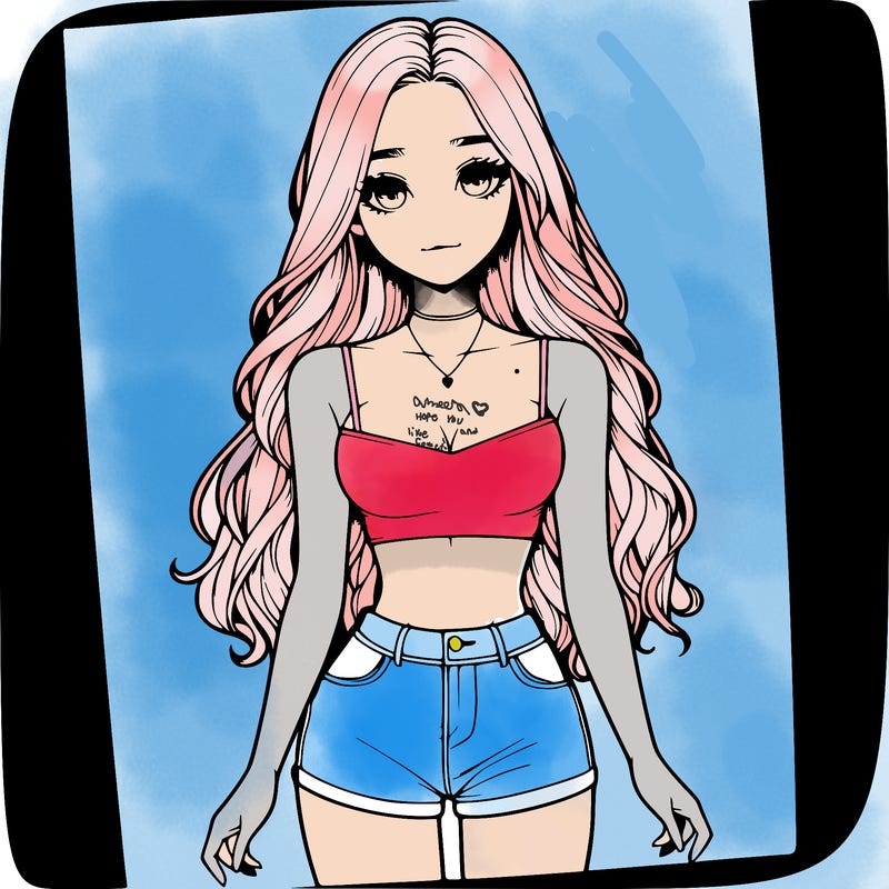 a realistic girl with long hair and in a crop top and shprts
