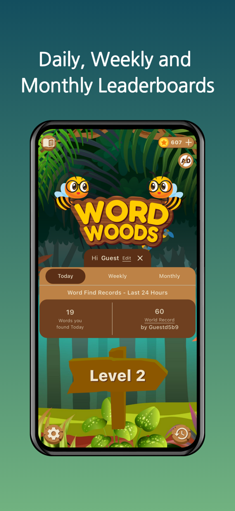 Word Woods Connect the Letters - Screenshot of Word Woods app displaying daily and monthly leaderboard rankings with a jungle-themed interface.