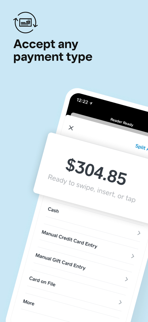Square: Retail Point of Sale - Benutzeroberfläche der Square Retail POS-App mit mehreren Zahlungsoptionen, einschließlich Barzahlung und Kreditkarteneingabe
