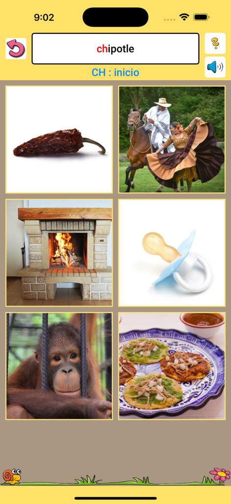 Terapia de lenguaje ejercicios - Interface of the Spanish speech therapy app showing exercise words for the CH phoneme with real life photos