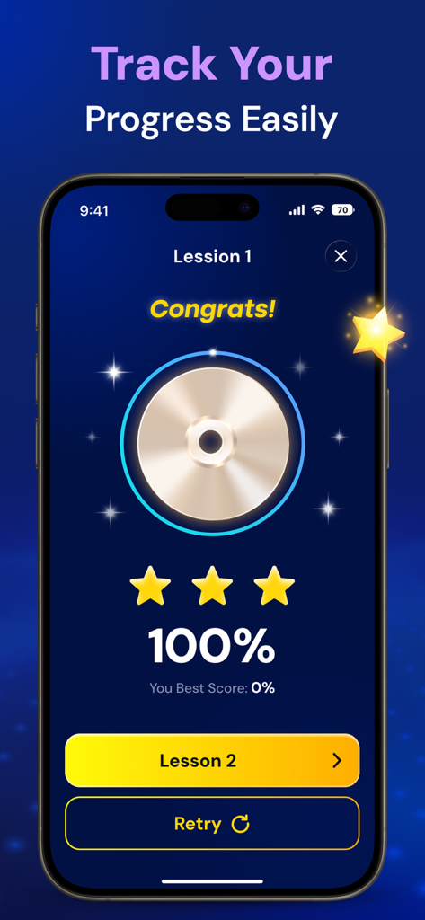 Drum Pad: Learn Beat Maker Kit - Una pantalla de aplicación móvil mostrando la finalización de la Lección 1 con una puntuación del 100 por ciento y tres estrellas