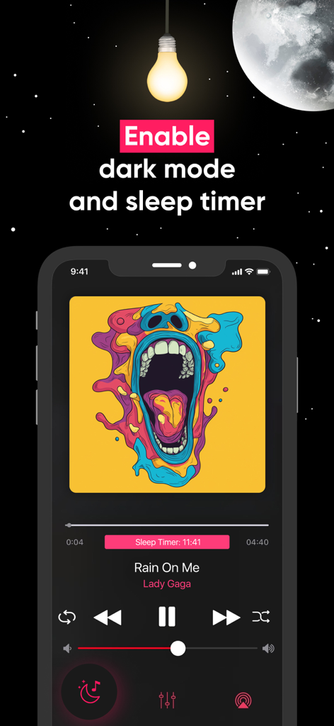 Cloud Music Offline Player app interface featuring dark mode and a sleep timer