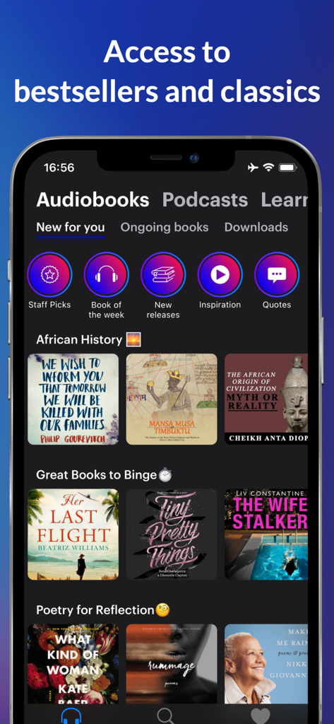 Anyplay app interface displaying curated audiobook collections and bestsellers.