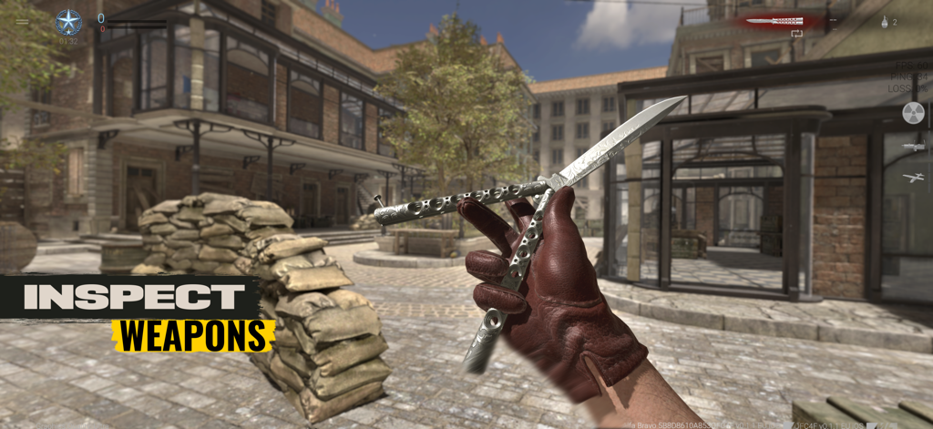 World War Legion: WW2 FPS PvP - First person view of a character inspecting a butterfly knife in World War Legion