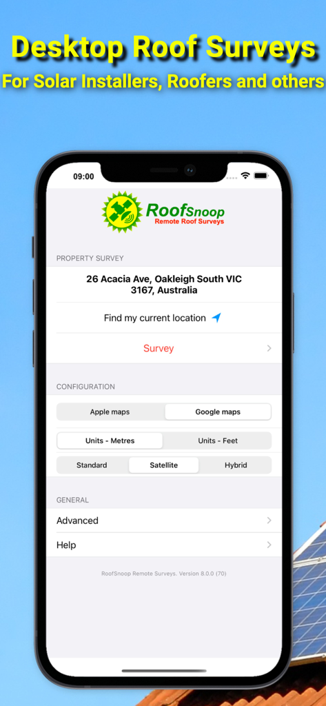RoofSnoop - RoofSnoop mobile app interface for remote roof surveys and solar assessments